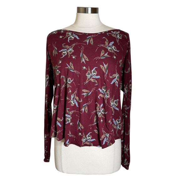 Free People Elsa Open Back Jersey Burgundy Floral Open Back Top Women’s Medium - Picture 9 of 10